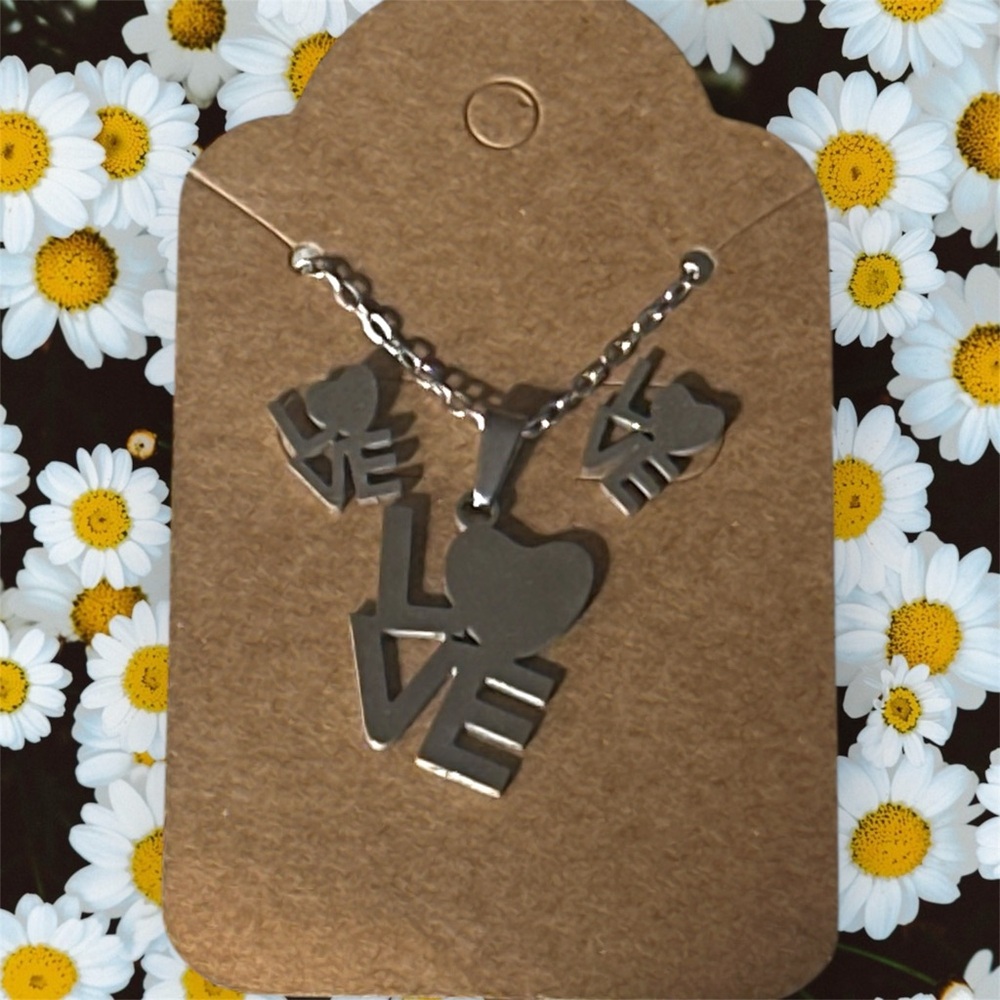 Silver Love Pendant Necklace and earrings